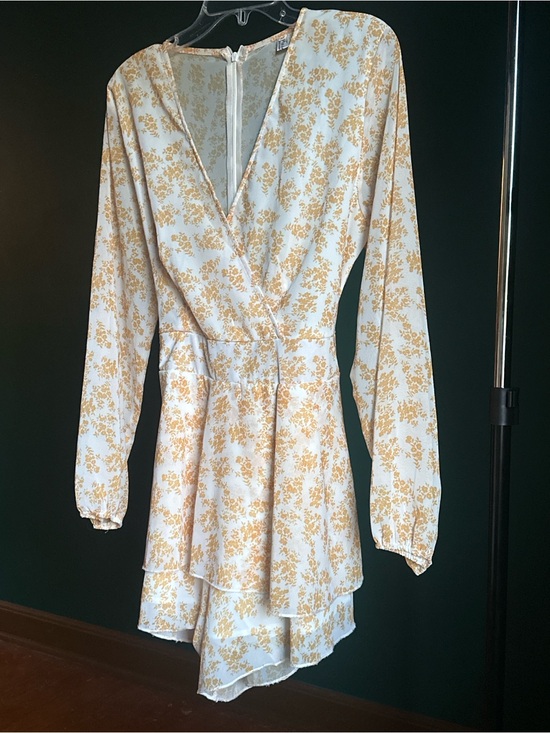 Pants - Floral Faux-Wrap Long-Sleeve Romper in Cream and Yellow